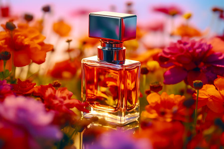 Close up of a bottle of perfume in a field of colorful flowers. Generative AI.の素材