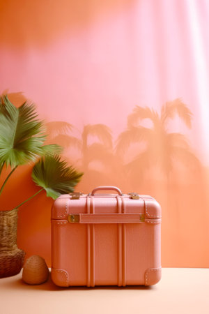 Pink suitcase next to palm tree in room with pink wall. Generative AI.の素材
