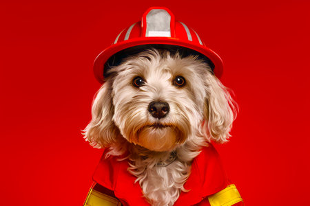 Small white dog wearing fireman's hat and red shirt. Generative AI.の素材
