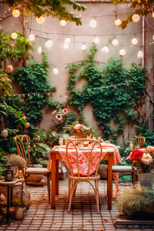 Table and chairs with tablecloth on it in room with plants and lights. Generative AI.の素材