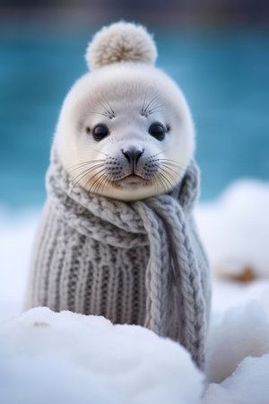 Baby seal is wrapped in scarf and wearing knitted sweater. Generative AI.の素材