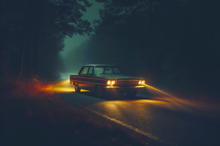 Car driving down road at night with headlights shining on the car. Generative AI.の素材
