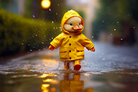Toy duck in yellow raincoat splashing in puddle of water. Generative AI.の素材