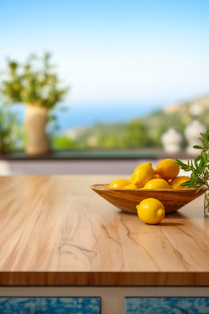 Wooden bowl filled with lemons on top of wooden table next to potted plant. Generative AI.の素材