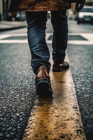 Person walking across street with crosswalk in the middle of the street. Generative AI.の素材