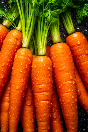 Bunch of carrots with water droplets on them are stacked on top of each other. Generative AI.の素材