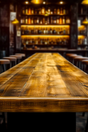 Long wooden table sitting in front of row of bar stools. Generative AI.の素材