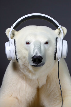 Polar bear wearing headphones and looking at the camera with sad look on its face. Generative AI.の素材