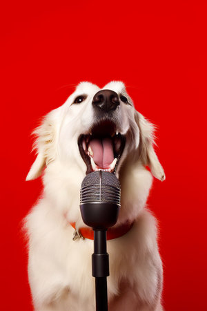 Dog with its mouth open and microphone in front of its face. Generative AI.の素材