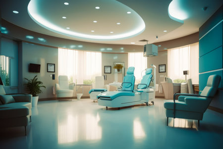 Room with blue chair and blue reclining chair in the middle of the room. Generative AI.の素材