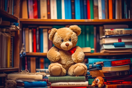 Teddy bear sitting on top of pile of books in front of bookshelf. Generative AI.の素材