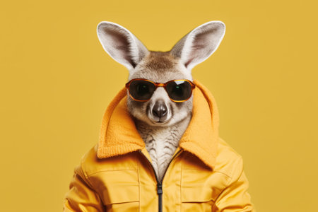 Close up of person wearing sunglasses and kangaroo wearing jacket. Generative AI.の素材