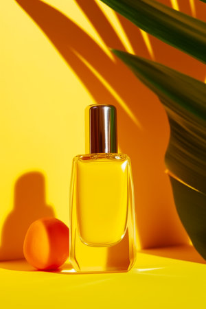 Bottle of perfume sitting on table next to apple and plant. Generative AI.の素材