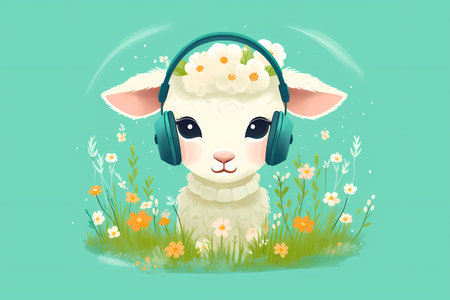Sheep with headphones is sitting in the field of grass and flowers. Generative AI.の素材