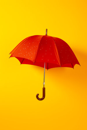 Red umbrella on yellow background with white spot on the top of it. Generative AI.の素材