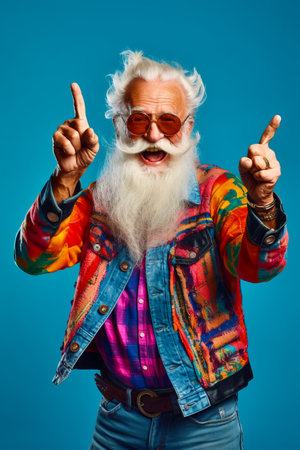 Man with long white beard wearing sunglasses and denim jacket making the peace sign. Generative AI.の素材