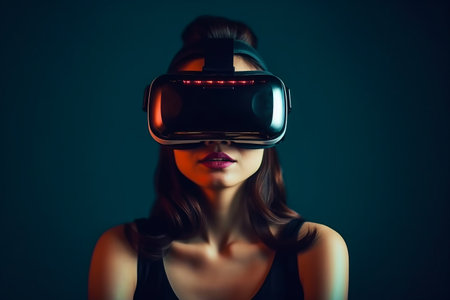 Woman wearing virtual reality headset in front of dark background. Generative AI.の素材