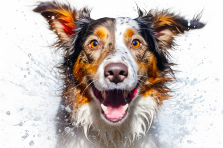 Close up of dog's face with water splashing around it. Generative AI.の素材