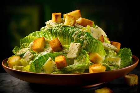 Close up of plate of food with lettuce and croutons. Generative AI.の素材
