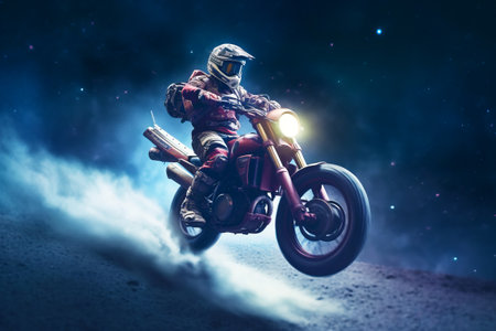 Man riding motorcycle on top of cloud covered field of dirt. Generative AI.の素材