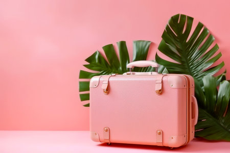 Pink suitcase sitting next to large green plant on pink background. Generative AI.の素材