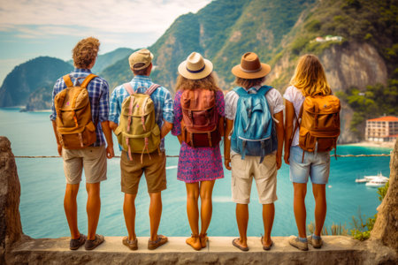 Group of people standing on top of cliff overlooking body of water. Generative AI.の素材
