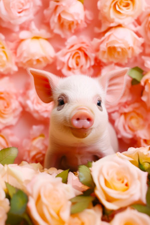 Small pig sitting in bed of pink and white flowers and roses. Generative AI.の素材