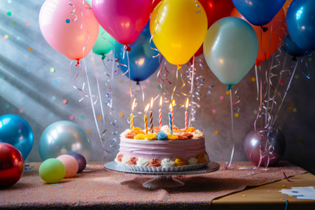 Birthday cake sitting on top of a table surrounded by balloons and streamers. Generative AI.の素材