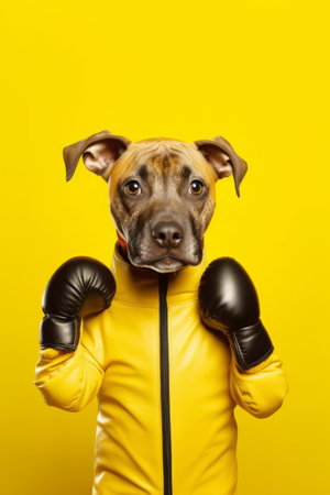 Dog wearing boxing gloves and yellow jacket is posing for picture. Generative AI.の素材