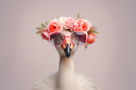 White bird with pink sunglasses and flowers on its head and pink flower crown on its head. Generative AI.の素材