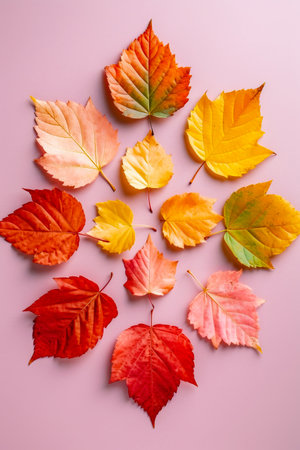 Group of different colored leaves laying on top of pink surface next to each other. Generative AI.の素材