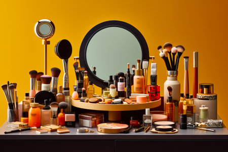 Table topped with lots of different types of makeup and round mirror. Generative AI.の素材