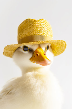 Duck with straw hat on it's head looking at the camera. Generative AI.の素材