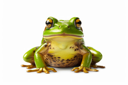 Green frog sitting on top of white floor next to white wall. Generative AI.の素材