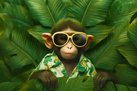 Monkey in shirt and sunglasses hiding behind green leafy background. Generative AI.の素材