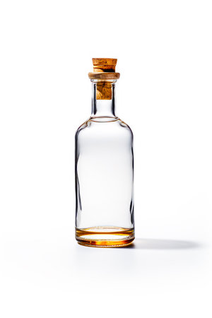 Glass bottle with corked top sitting on white surface with white background. Generative AI.の素材