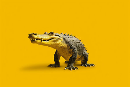 Large alligator standing on top of yellow floor next to yellow wall. Generative AI.の素材