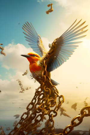 Bird sitting on top of chain with chains around it's neck. Generative AI.の素材