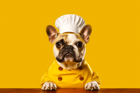 French bulldog wearing chef's hat and sitting at table. Generative AI.の素材