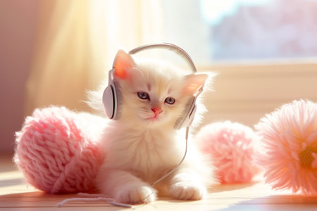 White kitten wearing headphones on top of pink blanket next to window. Generative AI.の素材