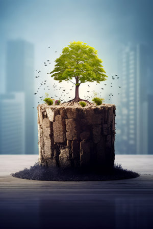 Tree growing out of rock with city in the back ground. Generative AI.の素材