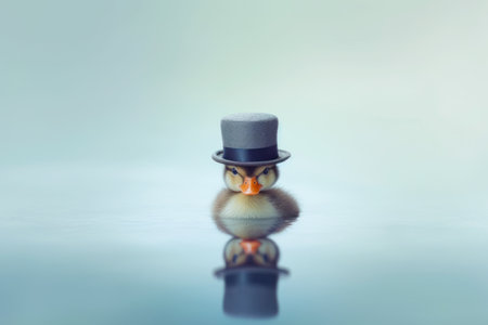 Duck wearing top hat with reflection in it's water. Generative AI.の素材