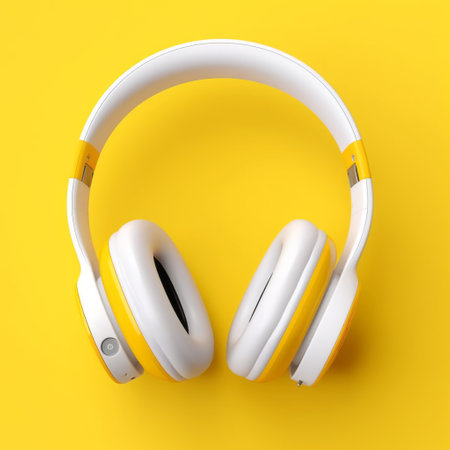 Pair of white headphones sitting on top of yellow and white surface. Generative AI.の素材