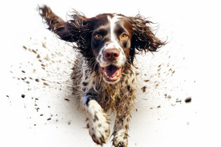 Brown and white dog is running through puddle of water and dirt. Generative AI.の素材