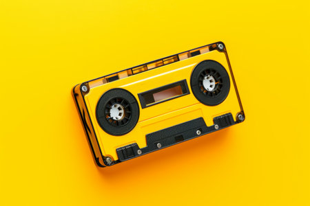 Yellow and black cassette player on yellow background with white spot. Generative AI.の素材