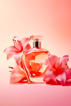 Bottle of perfume with pink flowers on pink and white background with pink background. Generative AI.の素材