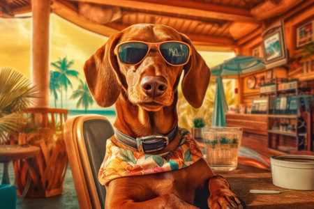 Dog wearing sunglasses sitting at table with drink in front of him. Generative AI.の素材