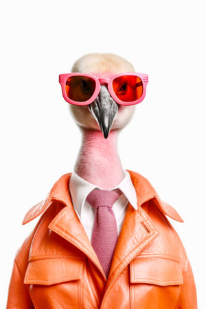 Ostrich wearing pink sunglasses and leather jacket with pink tie. Generative AI.の素材