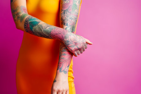 Woman in yellow dress with tattoos on her arm and arm sleeve. Generative AI.の素材