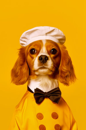Dog wearing chef's hat and bow tie on yellow background. Generative AI.の素材